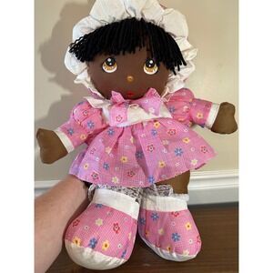 Dolly Mine Plush Doll African American Girl Pink Floral Dress Bonnet Lace Trim